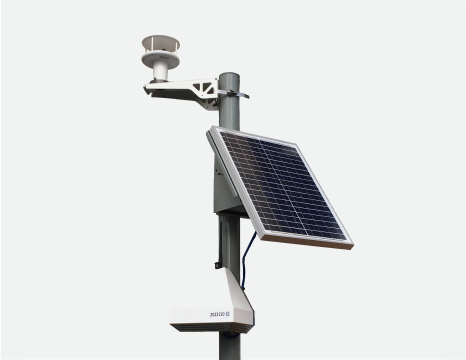 An image of an AQMesh sensor pod mounted on a fixed position. This compact, multi-sensor air quality monitoring station provides real-time measurements with autonomous power and communication.