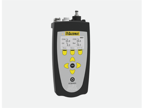 An image of Ecotec's R-Series hand-held gas analyzer, with an LCD readout and yellow keys.