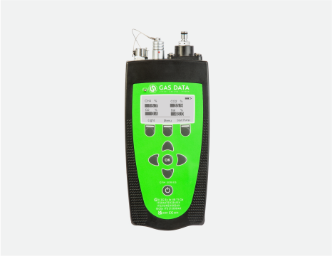 An image of a GFM hand-held gas analyzer with a black and zombie green color scheme.